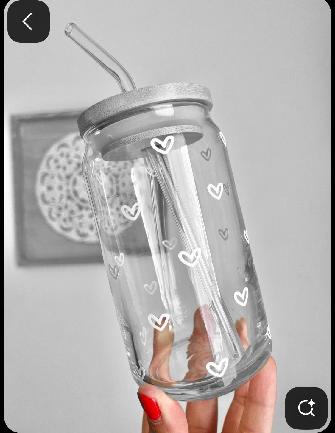Heart-Print Glass Can (Bamboo Lid)